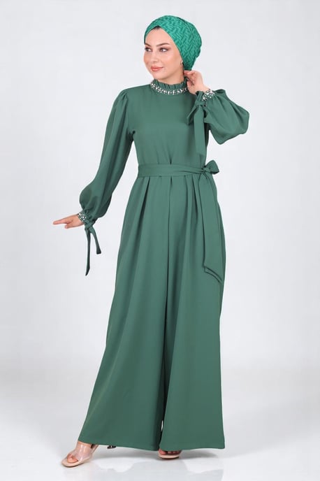 Perlen Detailed Jumpsuit-Kleid Smaragdgrün - Image 3