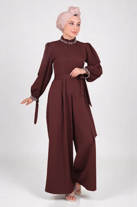 Perlen Detailed Jumpsuit-Kleid Braun - Image 2
