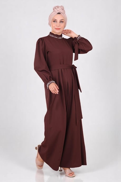Perlen Detailed Jumpsuit-Kleid Braun - Image 3