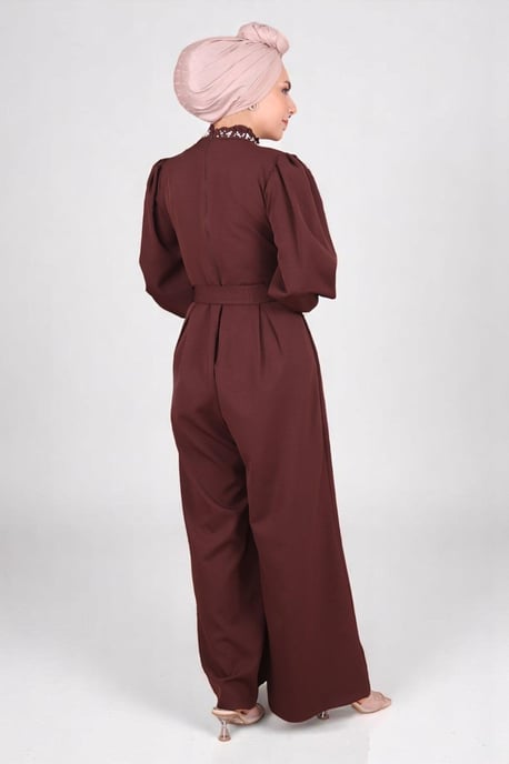 Perlen Detailed Jumpsuit-Kleid Braun - Image 4