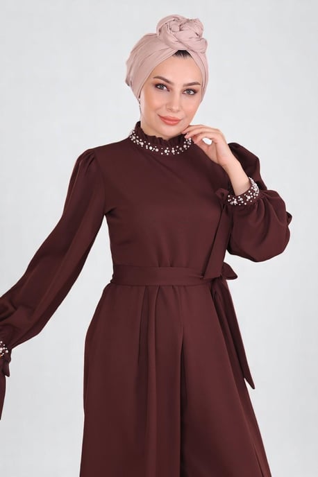 Perlen Detailed Jumpsuit-Kleid Braun - Image 5