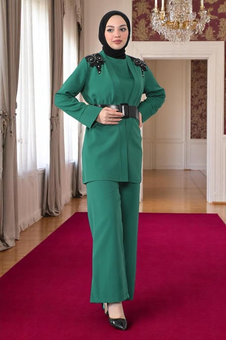 Spitzen Detailed Jumpsuit Anzug Smaragdgrün - Image 2