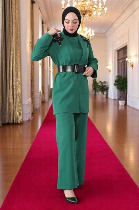 Spitzen Detailed Jumpsuit Anzug Smaragdgrün - Image 3