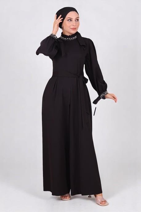 Perlen Detailed Jumpsuit-Kleid Schwarz - Image 3
