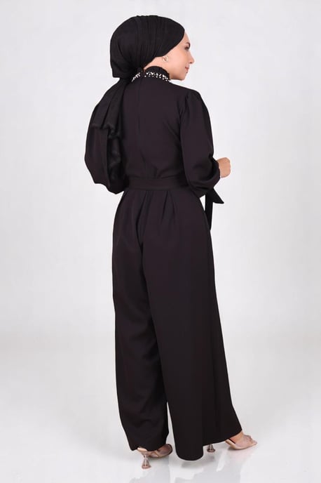 Perlen Detailed Jumpsuit-Kleid Schwarz - Image 4