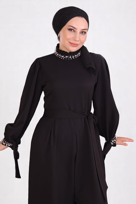 Perlen Detailed Jumpsuit-Kleid Schwarz - Image 5