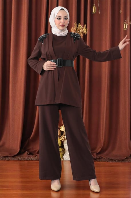 Spitzen Detailed Jumpsuit Anzug Braun - Image 2