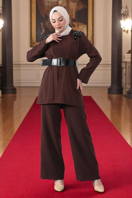 Spitzen Detailed Jumpsuit Anzug Braun - Image 3