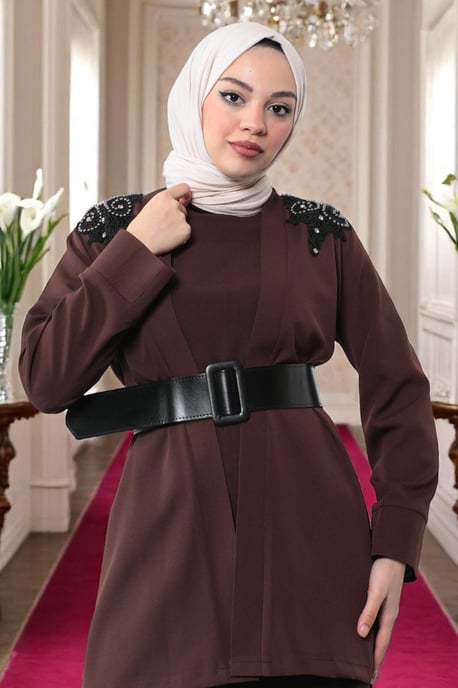 Spitzen Detailed Jumpsuit Anzug Braun - Image 5