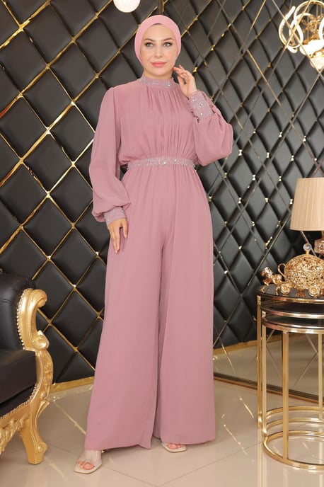 Stein Detailed Chiffon Jumpsuit Abendkleid Altrosa - Image 1