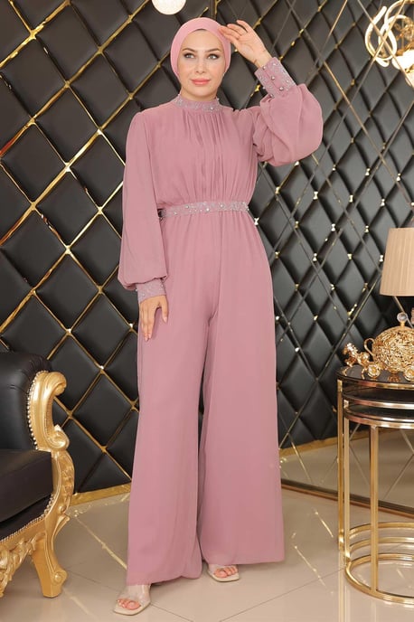 Stein Detailed Chiffon Jumpsuit Abendkleid Altrosa - Image 3