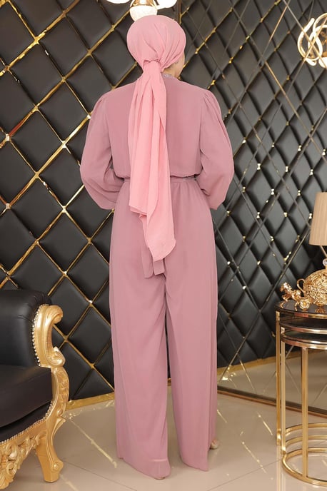 Stein Detailed Chiffon Jumpsuit Abendkleid Altrosa - Image 4