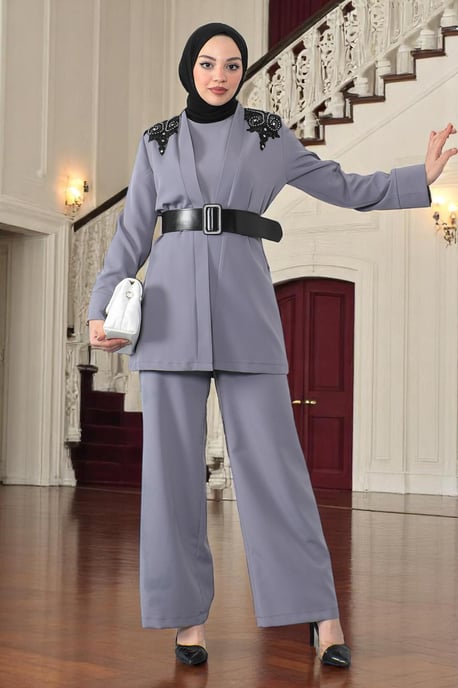Spitzen Detailed Jumpsuit Set Grau - Image 2