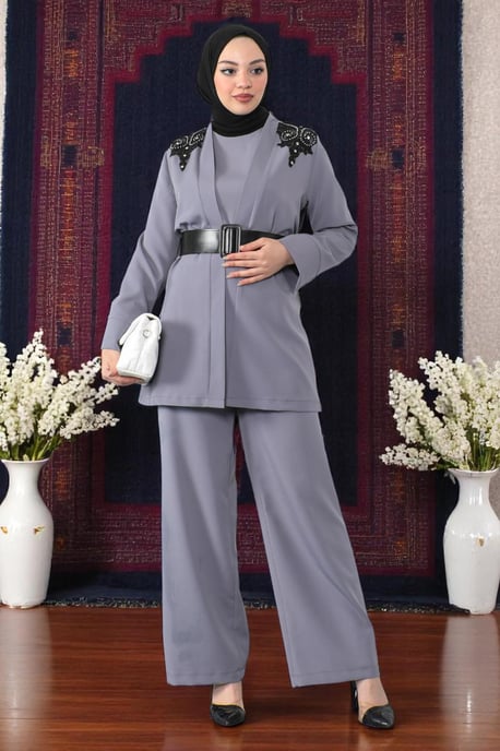 Spitzen Detailed Jumpsuit Set Grau - Image 3