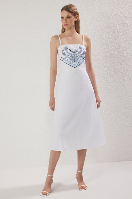 Ecrufarbenes, besticktes Damen-Midikleid / Besticktes, lässiges/alltagstaugliches Kleid - Image 1