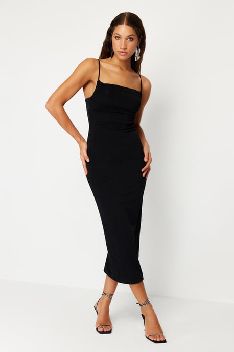 Elegantes, figurbetontes Midikleid mit Spaghettiträgern, einfarbig für Damen - Image 1