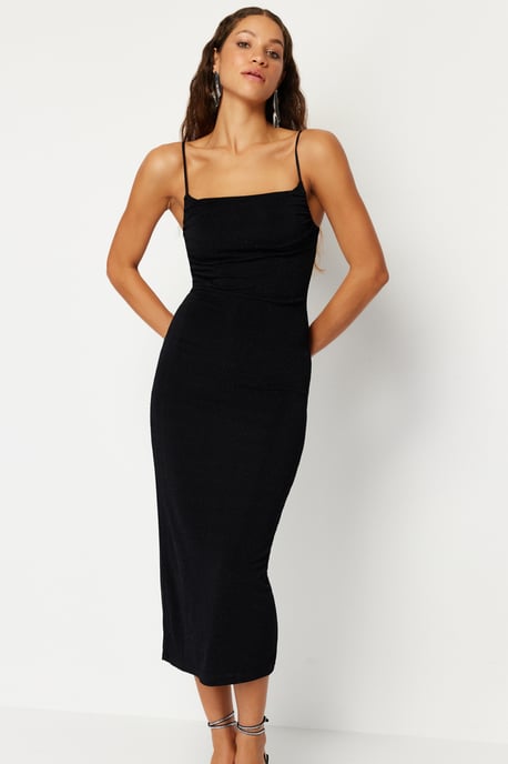 Elegantes, figurbetontes Midikleid mit Spaghettiträgern, einfarbig für Damen - Image 2