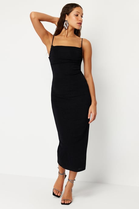 Elegantes, figurbetontes Midikleid mit Spaghettiträgern, einfarbig für Damen - Image 4