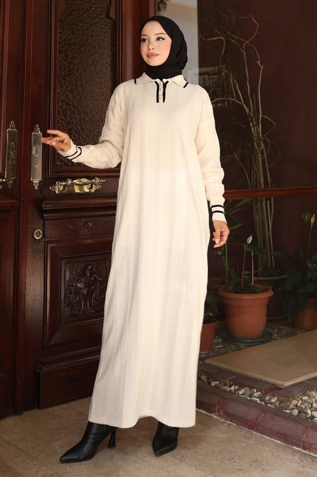 Knopf Detailed Strick Kleid Weiß - Image 1