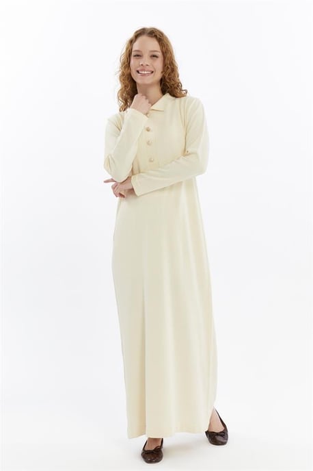 Damen Hemd Kragen Detailed Halbplacket Thin Seasonal Cold Yarn Strickwaren Kleid Ecru - Image 1