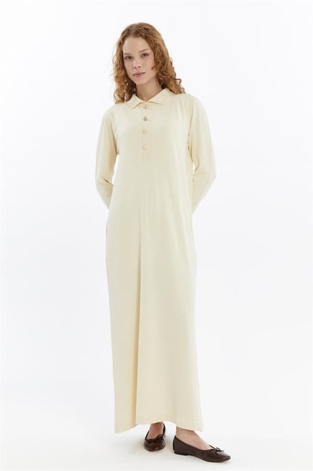 Damen Hemd Kragen Detailed Halbplacket Thin Seasonal Cold Yarn Strickwaren Kleid Ecru - Image 2