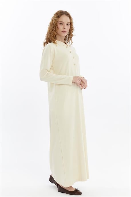 Damen Hemd Kragen Detailed Halbplacket Thin Seasonal Cold Yarn Strickwaren Kleid Ecru - Image 3