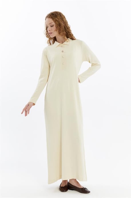 Damen Hemd Kragen Detailed Halbplacket Thin Seasonal Cold Yarn Strickwaren Kleid Ecru - Image 4