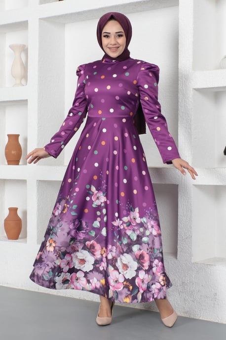 Blumen Gepunktet Satin Abendkleid, Pflaume - Image 1