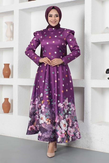 Blumen Gepunktet Satin Abendkleid, Pflaume - Image 2