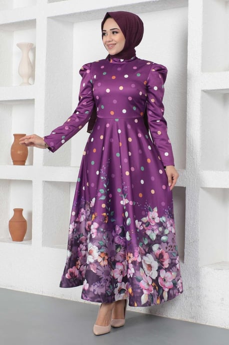 Blumen Gepunktet Satin Abendkleid, Pflaume - Image 3