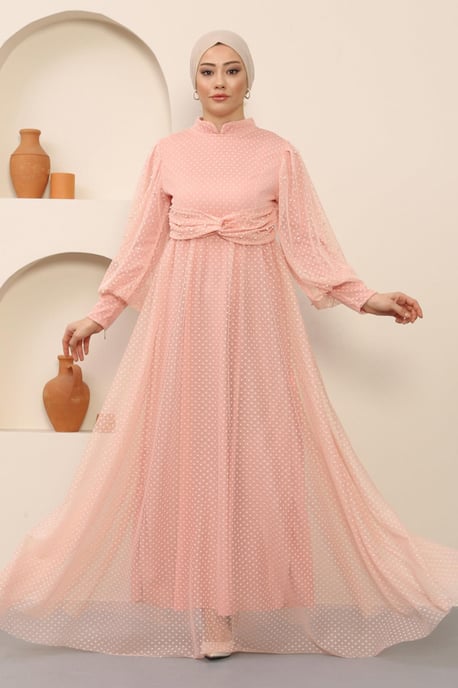 Perlen Detailed Tüll Abendkleid Puder - Image 1