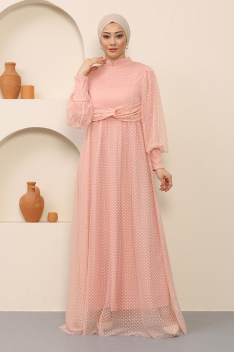 Perlen Detailed Tüll Abendkleid Puder - Image 2