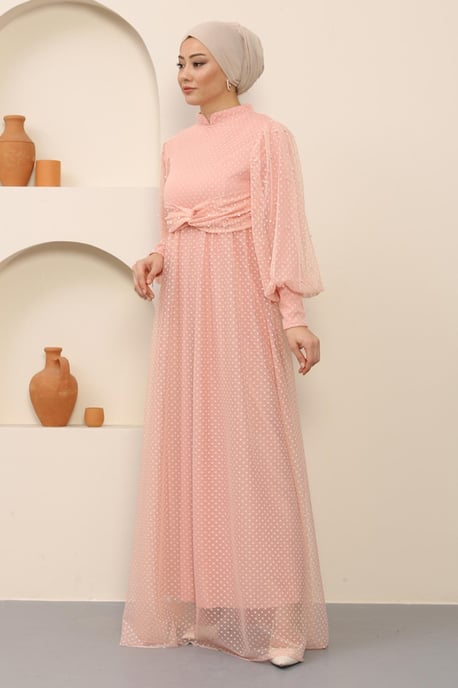 Perlen Detailed Tüll Abendkleid Puder - Image 3