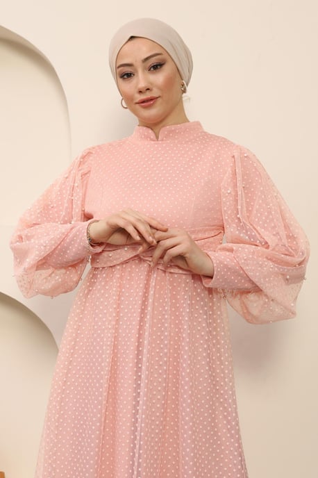 Perlen Detailed Tüll Abendkleid Puder - Image 4