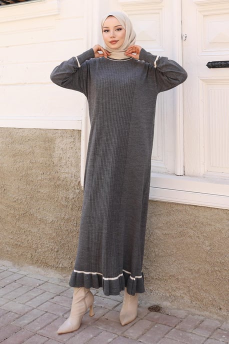 Stein Detailed Cuff Strick Kleid Grau - Image 1