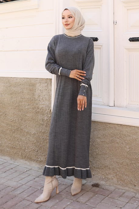 Stein Detailed Cuff Strick Kleid Grau - Image 2