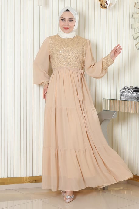 Pailletten Chiffon Abendkleid Gold - Image 1