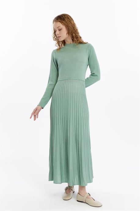Damen Falten Rock, Thin Seasonal Cold Yarn Strickwaren Kleid, Almond Grün - Image 1
