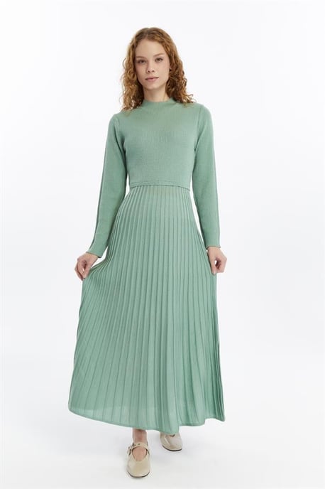Damen Falten Rock, Thin Seasonal Cold Yarn Strickwaren Kleid, Almond Grün - Image 2