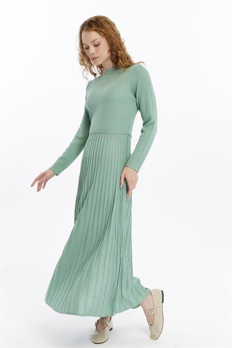 Damen Falten Rock, Thin Seasonal Cold Yarn Strickwaren Kleid, Almond Grün - Image 4