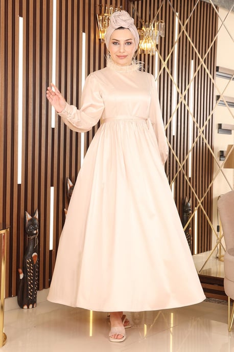 Feder Detailed Satin Abendkleid Beige - Image 1