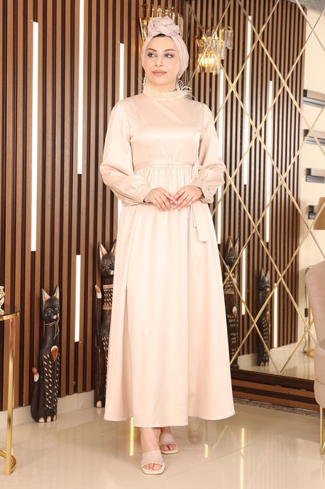 Feder Detailed Satin Abendkleid Beige - Image 2