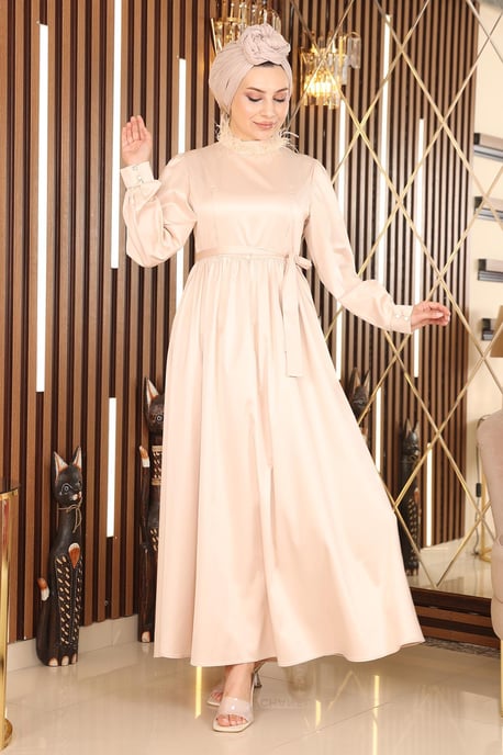 Feder Detailed Satin Abendkleid Beige - Image 3