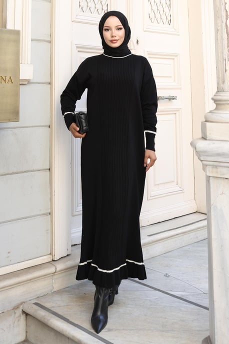 Stein Detailed Cuff Strick Kleid Schwarz - Image 1