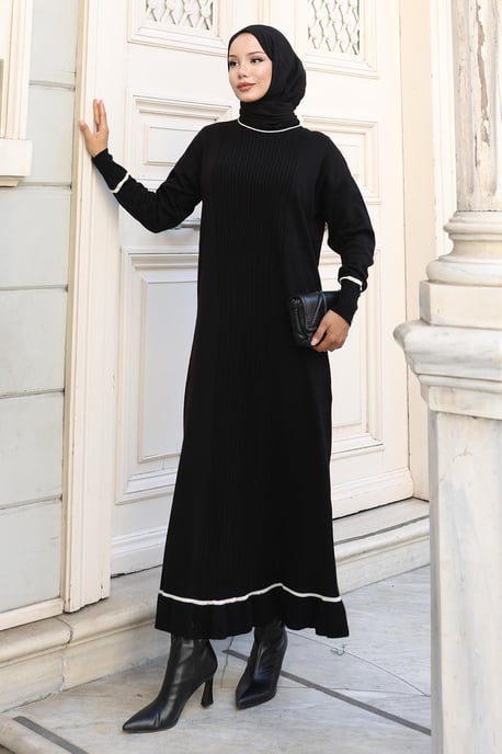 Stein Detailed Cuff Strick Kleid Schwarz - Image 2