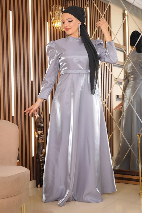 Schulter Falten Übergroße Größe Abendkleid Grau - Image 3