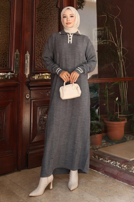 Knopf Detailed Strick Kleid Grau - Image 2