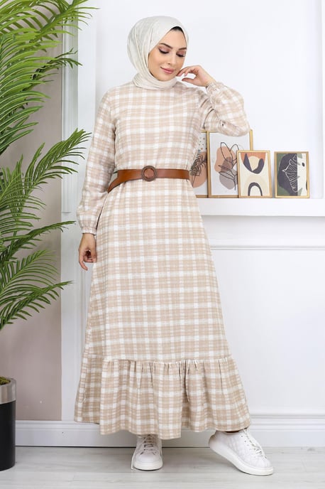 Gerüscht Hijab Kleid Beige - Image 3