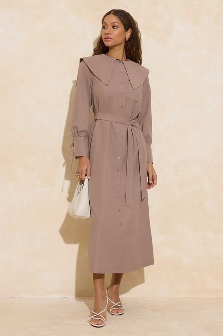 Braunes, flaches, langes, lässiges/alltagstaugliches A-Linien-Hijab-Kleid für Damen - Image 1