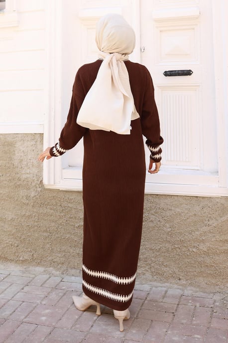 Gemustert Strick Kleid Braun - Image 3